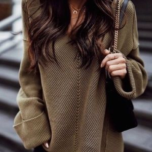 Free People La Brea V Neck Sweater - Olive Green